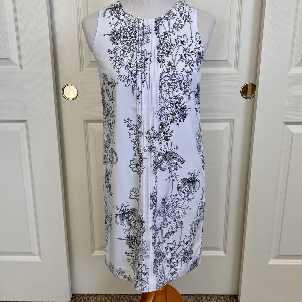 Banana Republic Print Pintuck Shift Dress Sz 2 White Black Botanical Floral Mini